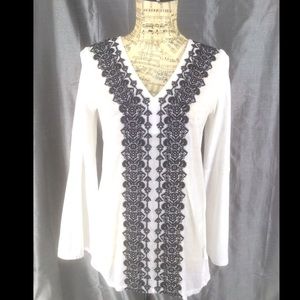 Michael Kors XS White with Black Embroidery , Bell long sleeve Blouse
